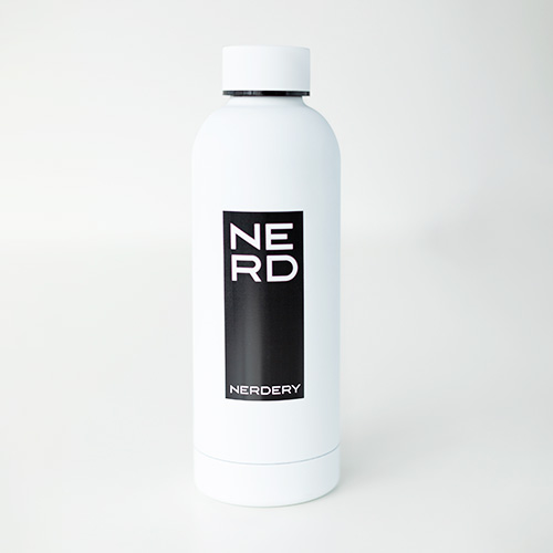 Nerdery branded water bottle with NERD secondary logo.