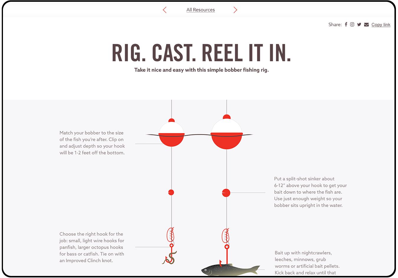 Illustrated infographic of how to fish with a bobber hosted as a downloadable resource from Zebco's updated website.