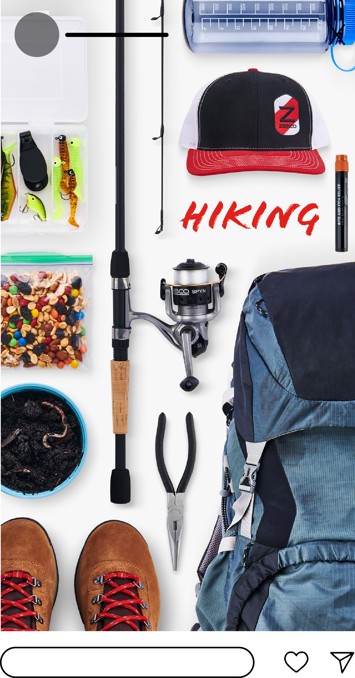 Retouched items used in hiking and fishing as a layflat visual for a social post