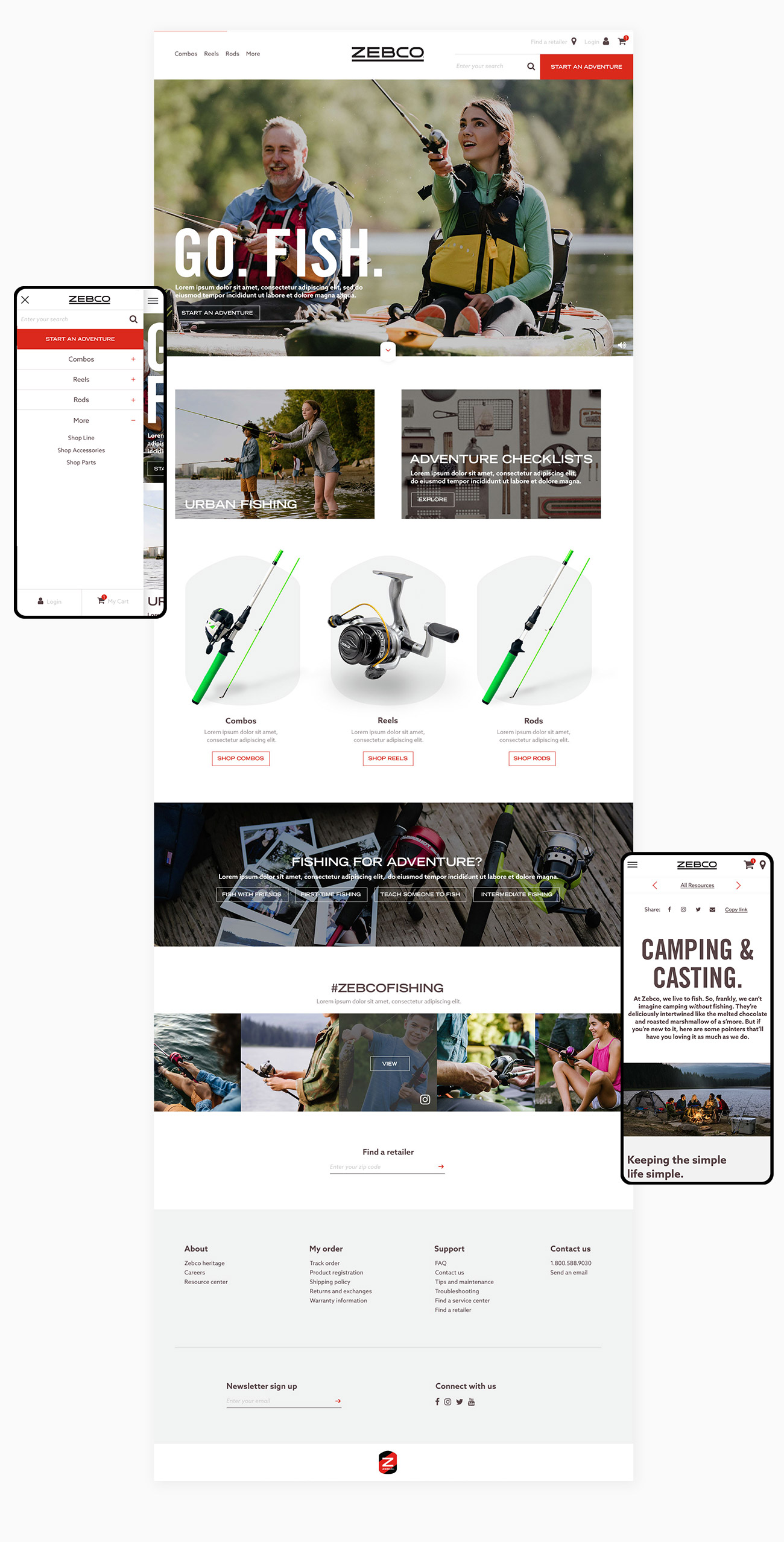 Desktop and mobile UX and UI mockups of the homepage, resources and mobile navigation.