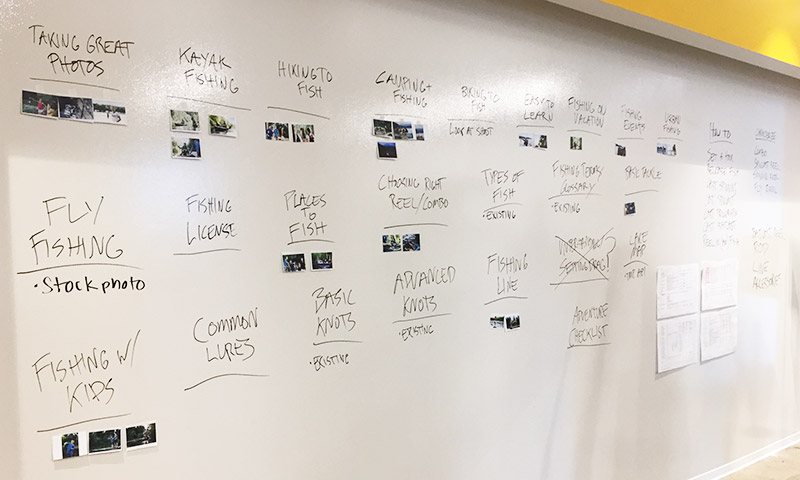 UX whiteboard and photo print out strategy of resources sections for the updated Zebco website.