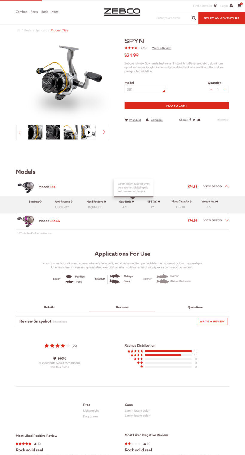 Product detail page UX and UI on desktop for new Zebco fishing website