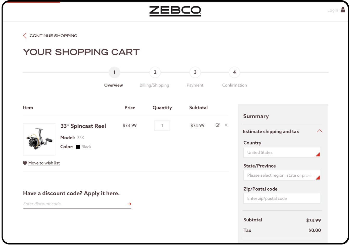 Shopping cart breadcrumb process UX and UI for checkout on tablet for updated Zebco fishing website