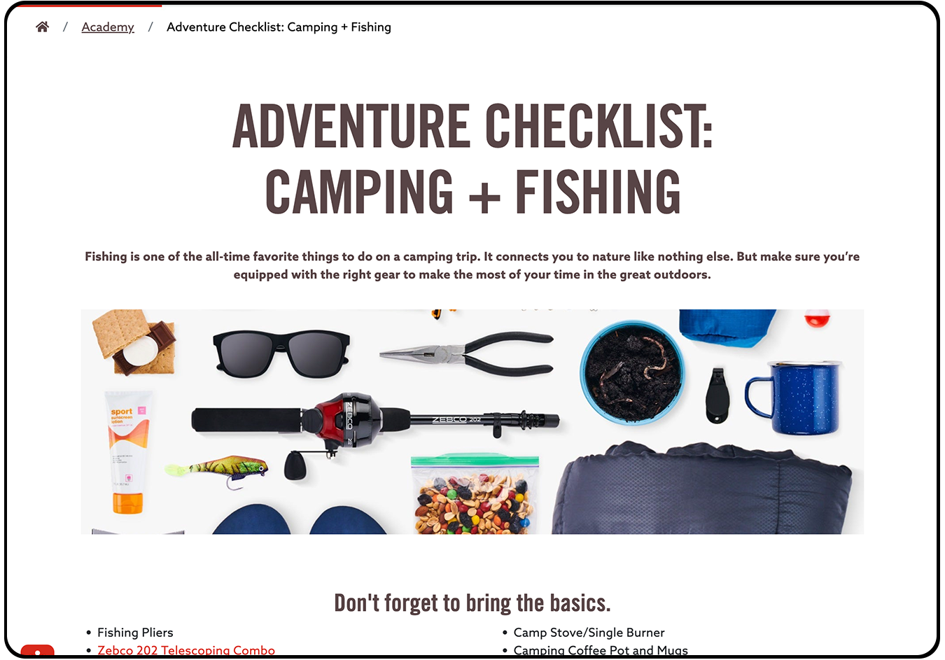 Adventure checklist desktop UI with retouched camping layflat hosted as a downloadable resource from Zebco's updated website.